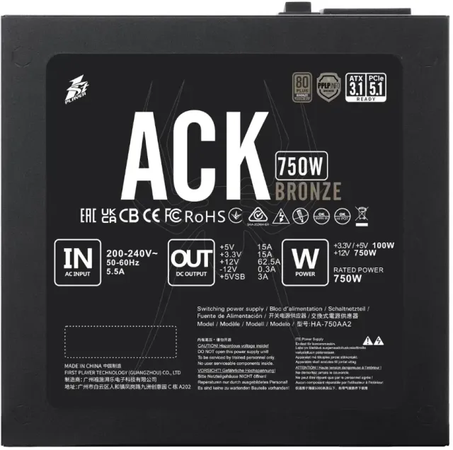 Блок питания 1STPLAYER 750W ACK BRONZE Black (HA-750AA2) 16 Pin (PCIe 5.0 Connector Cable Details) купить! 